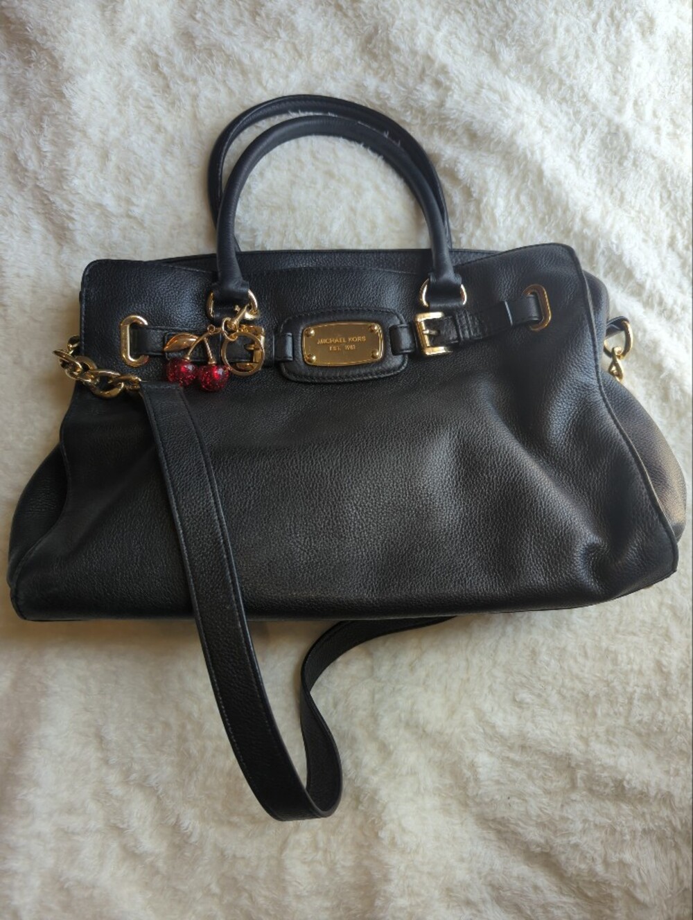 Michael Kors Black Leather Shoulder Bag with Gold Hardware And Cherry Charm